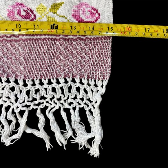 Woven Table Runner Cross Stitch Rose Flowers Fringe Cottagecore Pink White - Picture 7 of 7